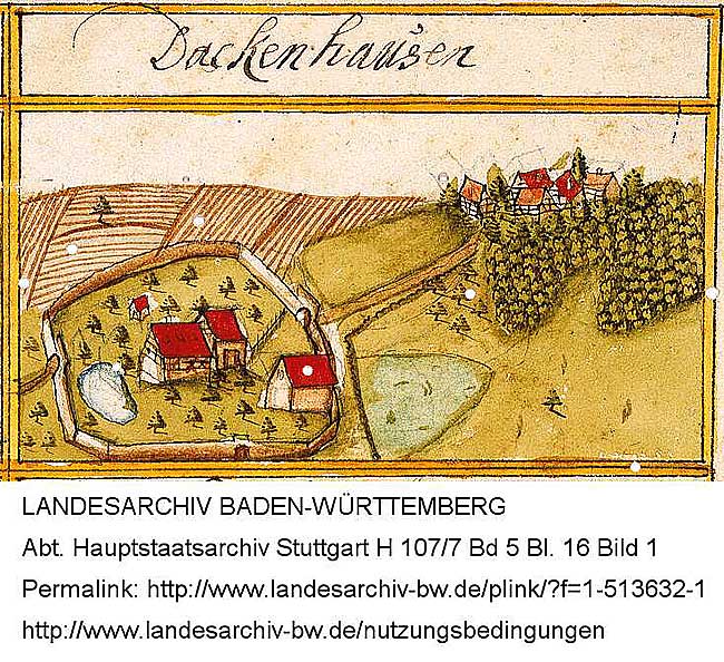 Ansicht von Unterem- (Kloster) und Oberem- (Burg) Hof Tachenhausen, Kiesersches Forstlagerbuch 1683 (http://www.landesarchiv-bw.de/plink/?f=1-513632-1)