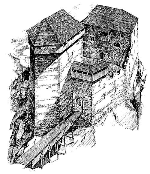 Hypothetische Rekonstruktion der Burg, Zustand 1. H. 13. Jahrhundert, Ansicht von Norden. Grafik: Gerhard Reichhalter (1993).