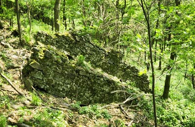 Die Burg Salg bei Perocsny, Abgestürzte Mauerblöcke vor der Westmauer, Foto: Istvn Feld (1998)