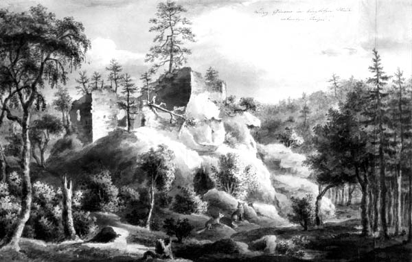 Zřcenina hradu na kresbě Josefa embery z roku 1822  Burgruine auf einer  Zeichnung von Josef embera aus dem Jahre 1822