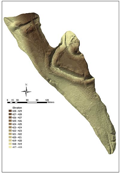 PŘBĚNIČKY. 3D model hradnho arelu v programu ArcMap 9.2. Podle Hloek 2010. - PŘBĚNIČKY. 3D Modell des Burgareals im Programm ArcMap 9.2. Nach Hloek 2010