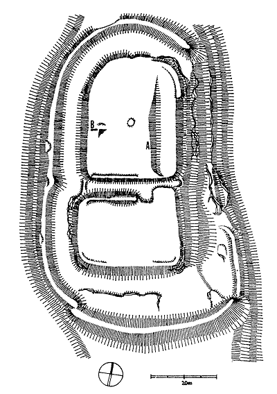 RUCHOMPERK Ter�nn� n�črt hradu podle Z. Proch�zky s vyznačen�m sond zji�ťovac�ho v�zkumu. Podle Durd�k 2007. � RUCHOMPERK. Die Terrainskizze von Z. Proch�zka mit der Bezichning den Sonden. Nach Durd�k 2007