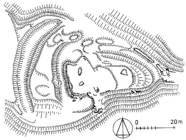 HRAD POD HRNČŘEM. Půdorys hradu podle J. Anderleho a V vbka. Podle Durdk 2007. - HRAD POD HRNČŘEM. Grundriss der Burganalage von J. Anderle und V. vbek. Nach Durdk 2007. 