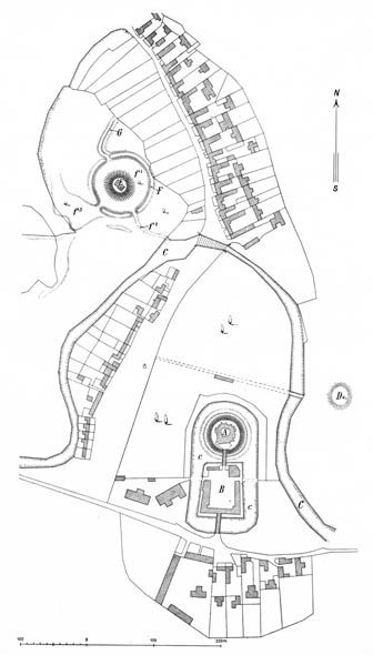 Sachsengang: Topographischer Plan der Burganlage mit Siedlung und angrenzender Burg Oberhausen, aus: Schad'n, Hausberge (1953)