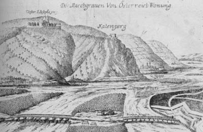 Leopoldsberg: Historische Ansicht der Burg "Kalenberg", aus Vischer, Topographia (1672)